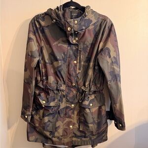 J.Crew Camouflage Military Style Rain Jacket Gold Hardware Size XS